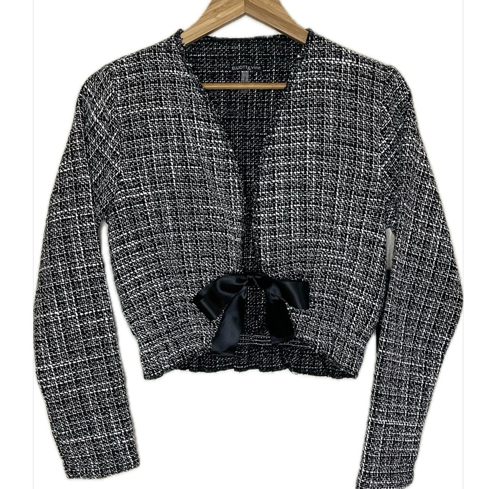 NWT Elliott & Vine Black and White Tweed Cropped Blazer with Tie Women’s Size L